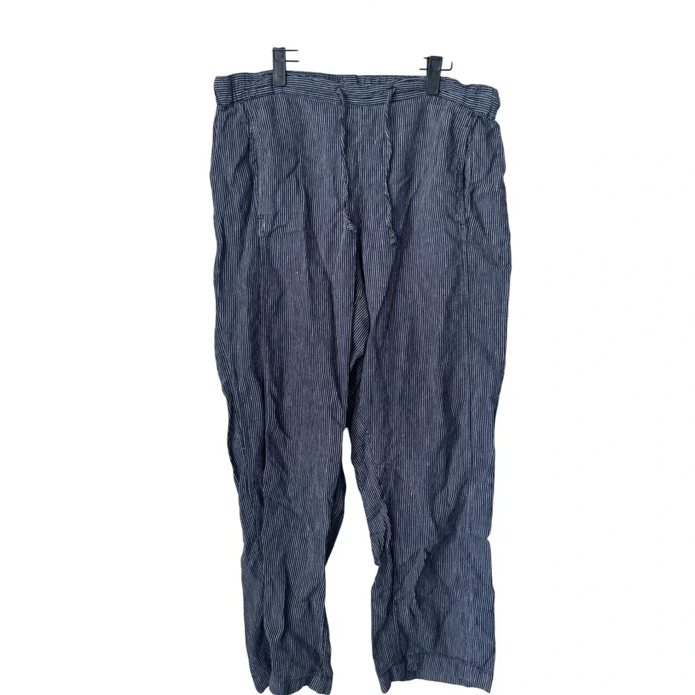 Coldwater Creek Navy Blue Pinstripe Linen Blend Drawstring Pants Large Mens
